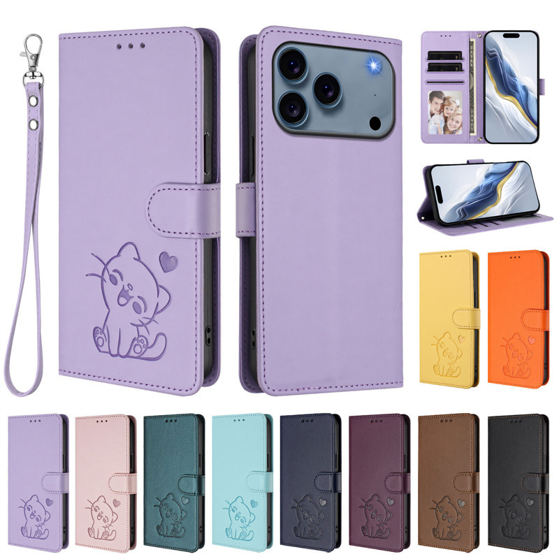 Suitable for Iphone17Promax Mobile Phone Leather Case Apple 17Air Heart Cat Flip Card 15Pro Protective Case