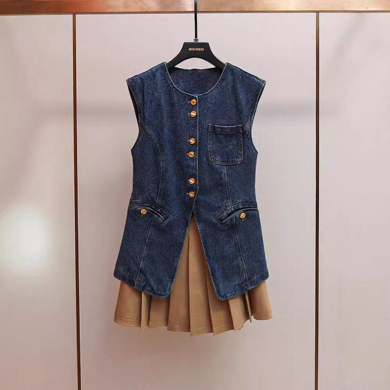 Shenzhen Nanyou Classy Women's French Retro Style Denim Slit Vest + Pleated Skirt Suit for Women