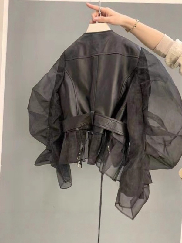 买手店专柜检漏bi入~短外套女欧根纱泡泡袖荷叶边时尚皮衣秋 大码|undefined