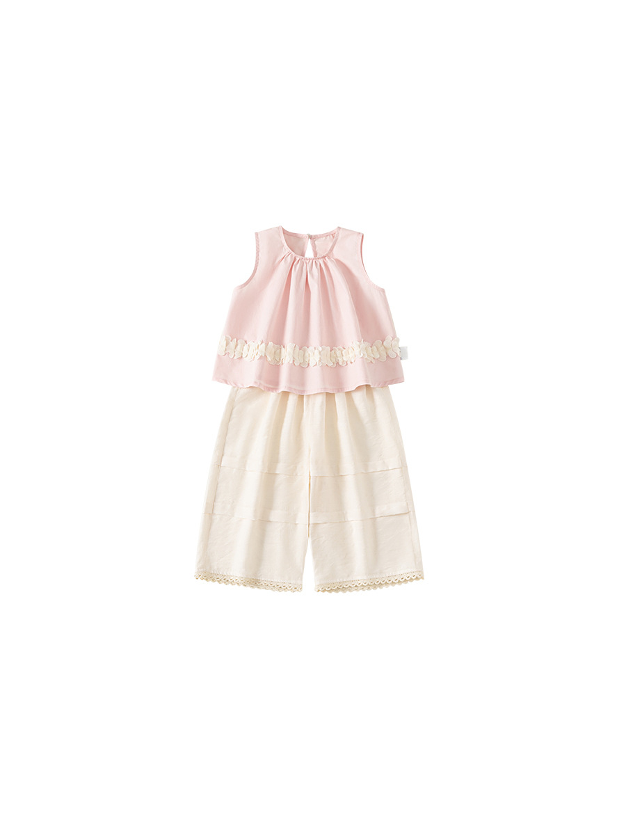Youbao ropa para niños niñas traje sin mangas coreano camisa de bebé de malla para niños top traje de pantalón ancho de encaje de color sólido
