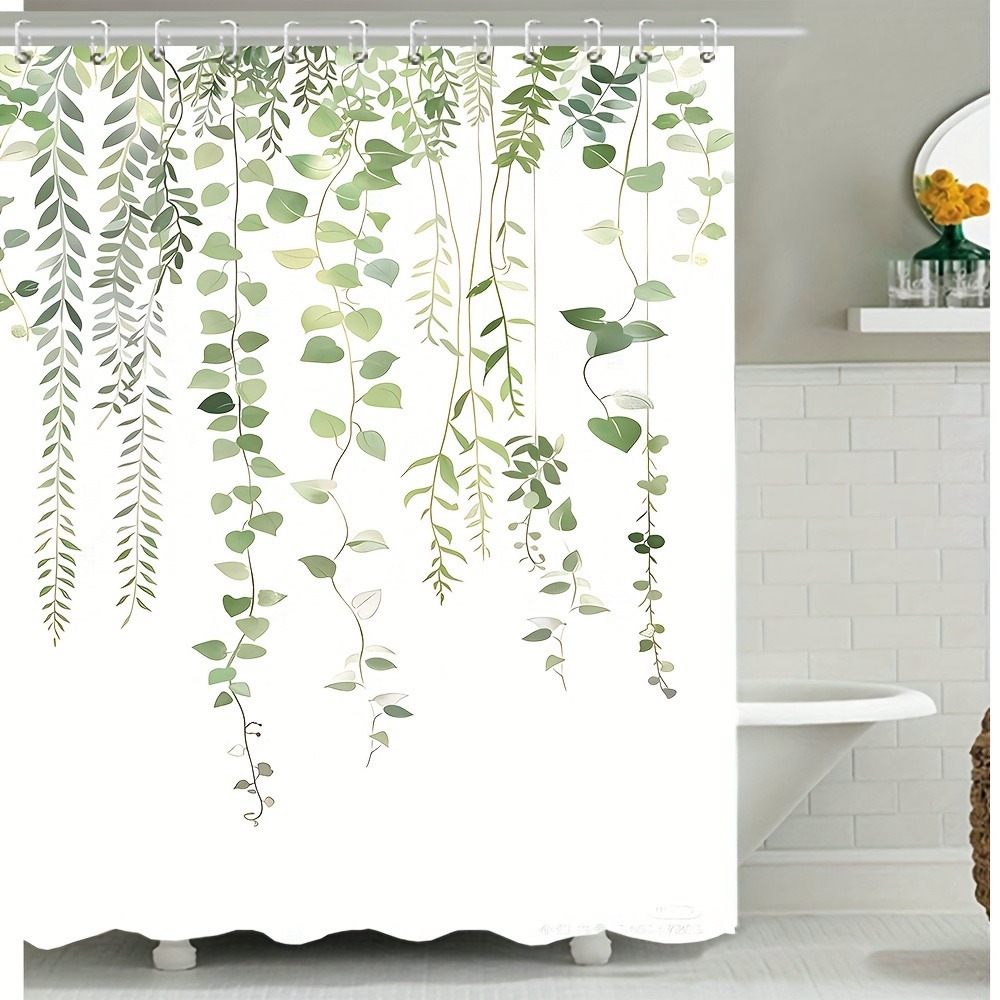 Scandinavian Style Fresh Green Leaf Pattern Shower Curtain Polyester Fabric Printed Bathroom Decorative Curtain Toilet Partition Curtain with Hooks