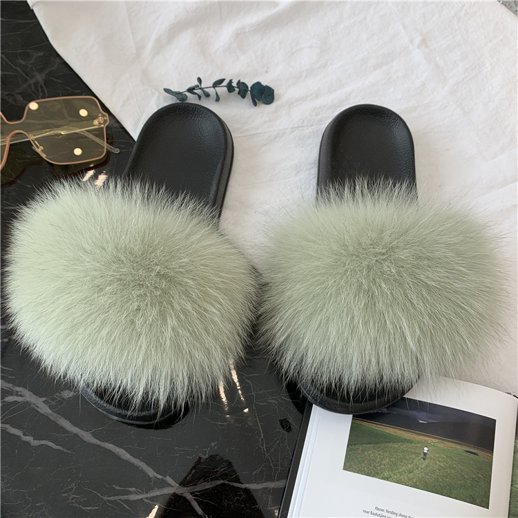 Zapatillas de pelo de zorro de moda damas una zapatilla de piel casera para usar zapatos de playa casuales zapatillas de piso plano