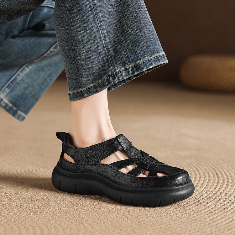 Sandal nữ đế dày da cừu phối quai ngang phong cách học đường — màu đen, màu trắng ngà chi tiết 57