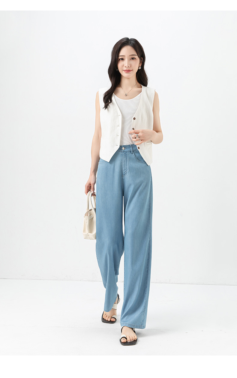 Quần jean nữ ống rộng dáng suông chất Tencel mỏng nhẹ mùa hè — Xanh nhạt chín điểm (85208-1) chi tiết 34
