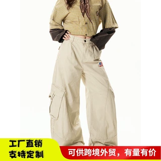 跨境外贸美式复古阔腿旗帜刺绣多口袋工装裤新款宽松显瘦直筒休闲