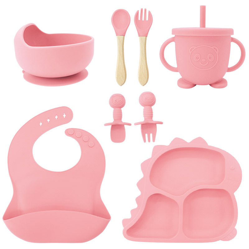 Fábrica al por mayor cubiertos para bebés babecera de silicona platos de comida suplementarios dinosaurios niños comidas set de entrenamiento