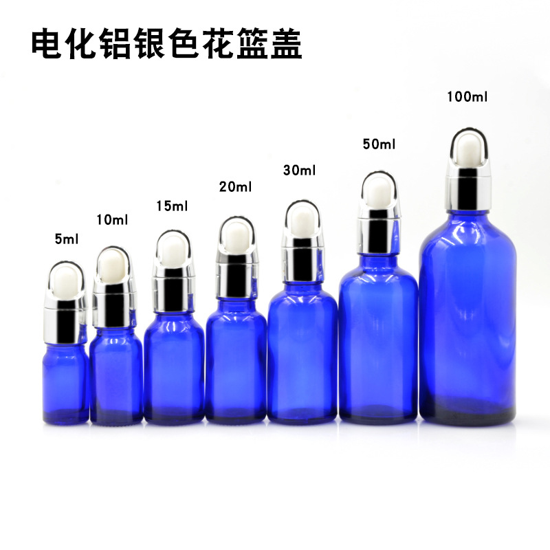 Botella vidrio azul 5 a 100ml con cuentagotas para aceites