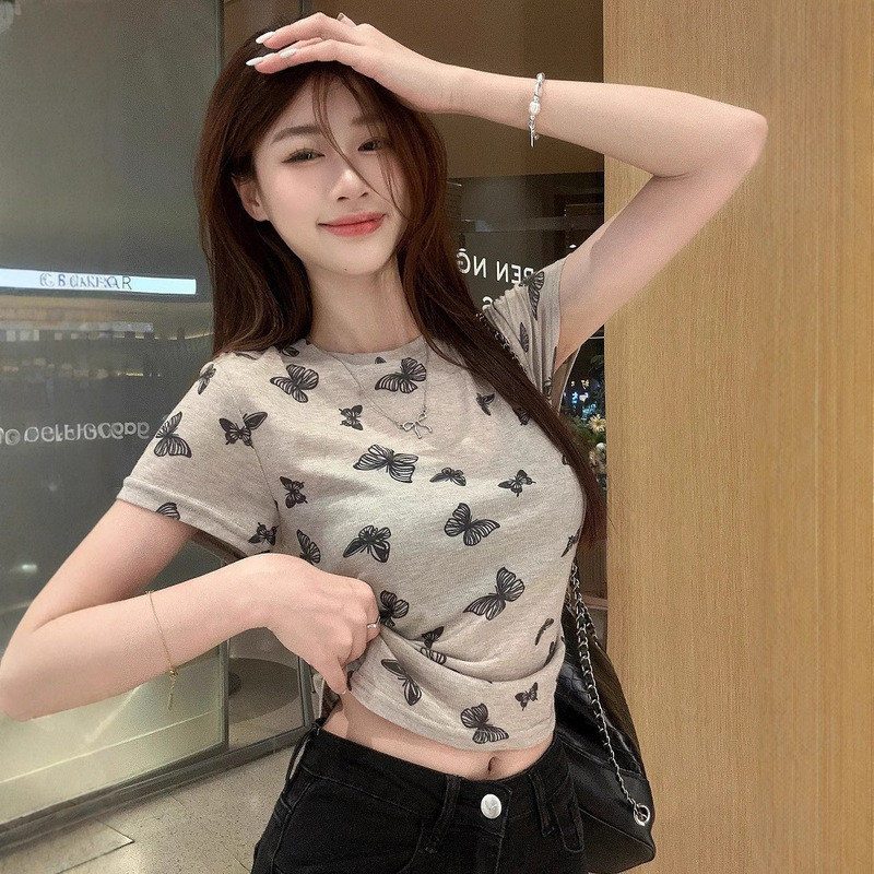 Butterfly Print Pleated Crewneck Short-sleeved T-shirt Women's Summer 2025 New Arrival Tight Waist Slimming Short Pullover Top Ins