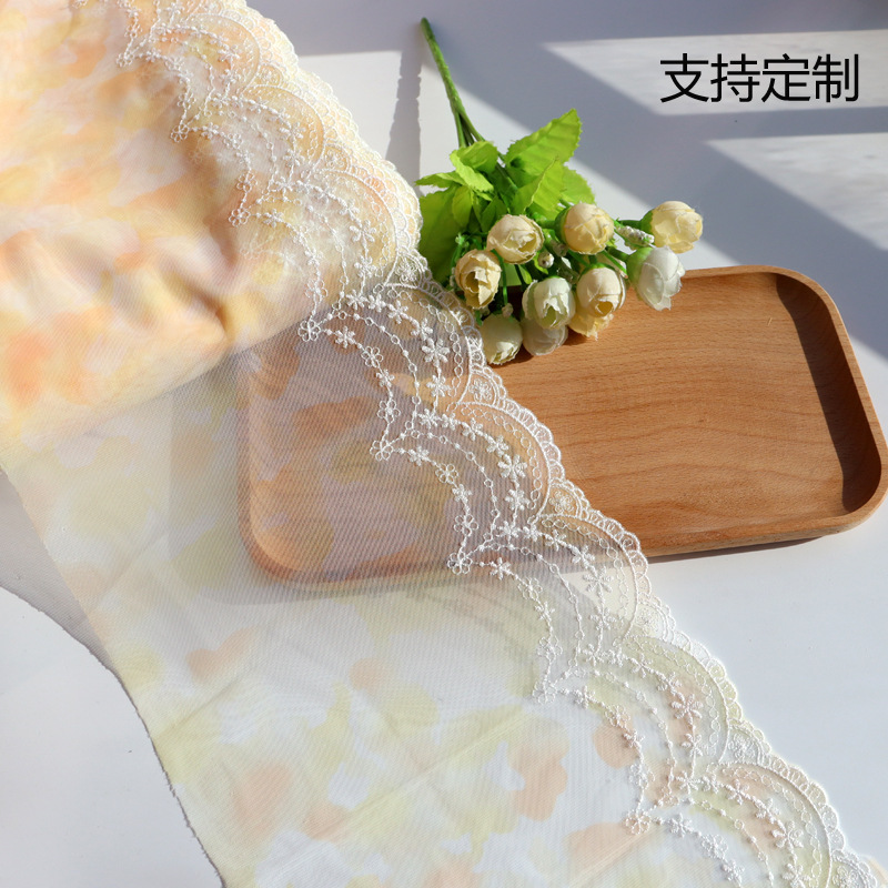 现货新品黄色印花晕染网纱刺绣幻彩线绣花DIY手作童装洛丽塔面料