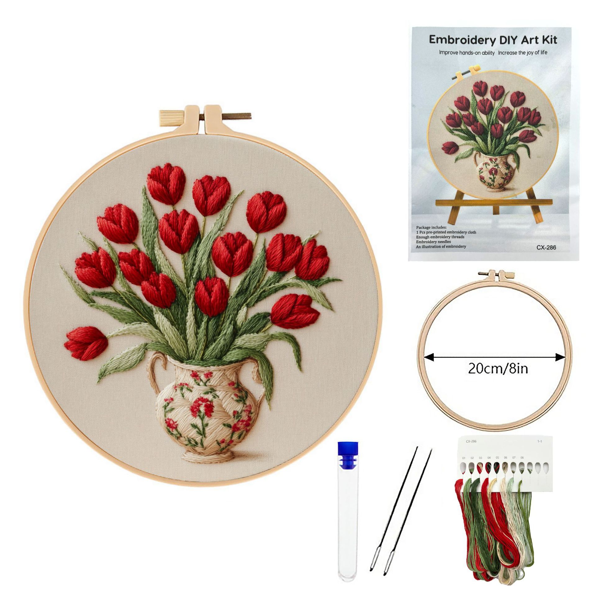 Nuevos productos transfronterizos Red Flowers Embroidery KIT Rosas rojas vasijas de bordado KIT Inglés aguja