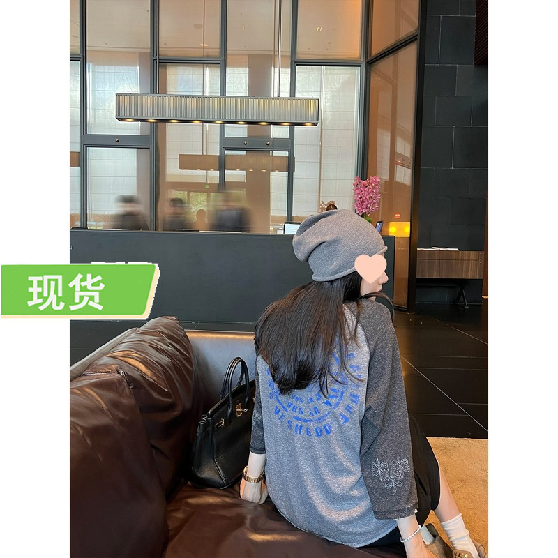 欧阳 撞色印花长袖T恤女秋季新款宽松显瘦美式复古圆领上衣|undefined