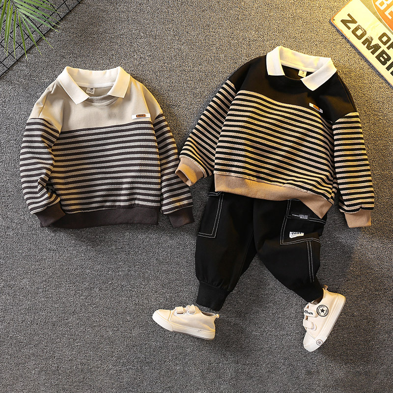 6086 traje de suéter para niños primavera y otoño 2024 nueva camisa POLO a rayas para niños traje de dos piezas de otoño para bebés