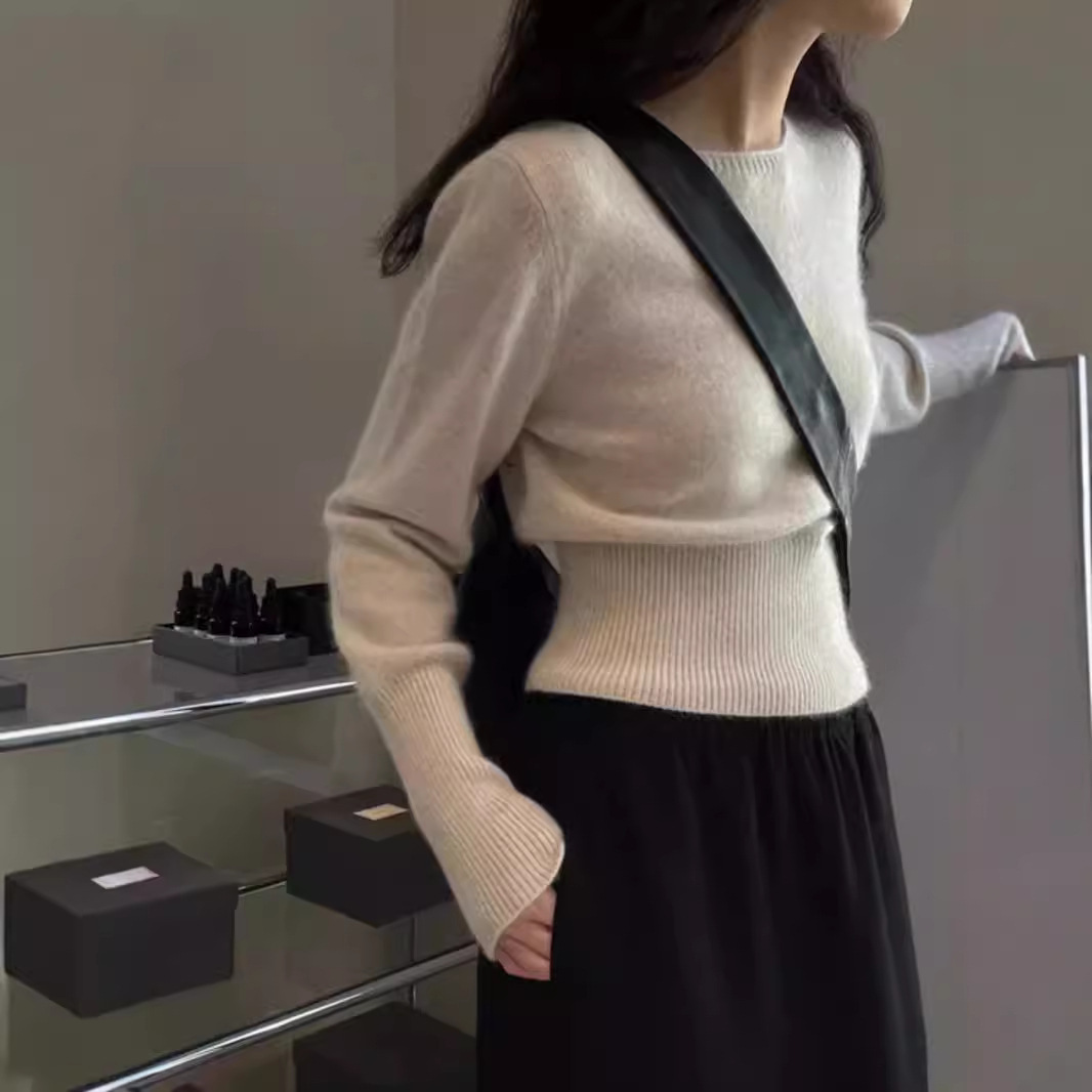 高腰一字领100纯羊毛衫女秋冬季软糯欧货短款收腰洋气打底衫毛衣