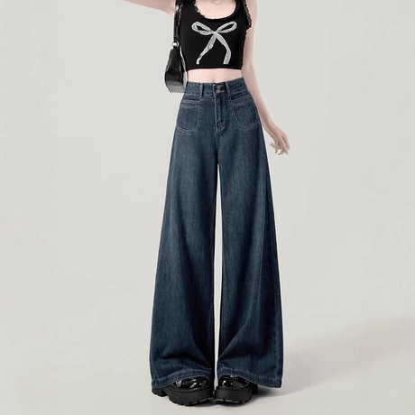复古阔腿牛仔裤女2025春季新款宽松遮肉显瘦小个子高腰直筒拖地裤
