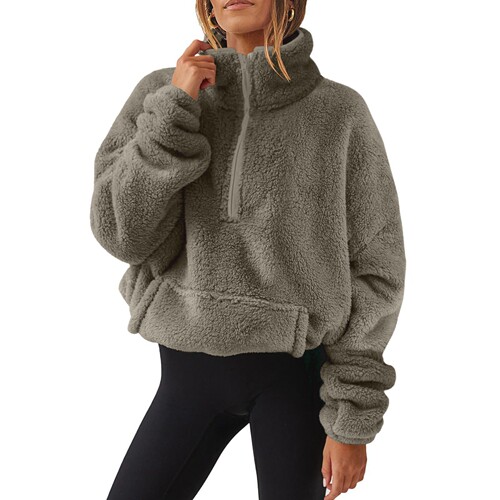 Women’s Fleece-Lined Padded Half-Zip Stand-Neck Sweater—Autumn/Winter European and American Style New Arrival