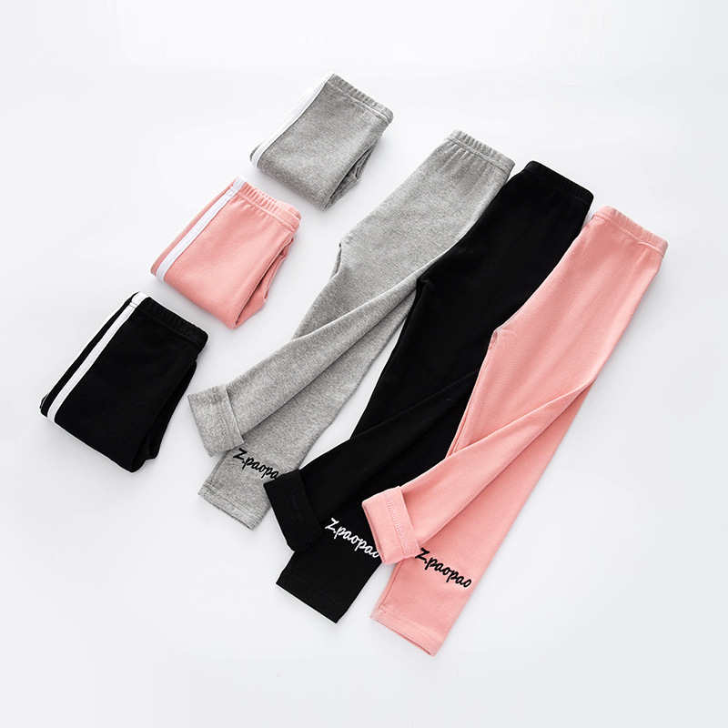 新款女童打底褲 2023春秋款韓版純色兩桿萊卡棉兒童側條打底褲