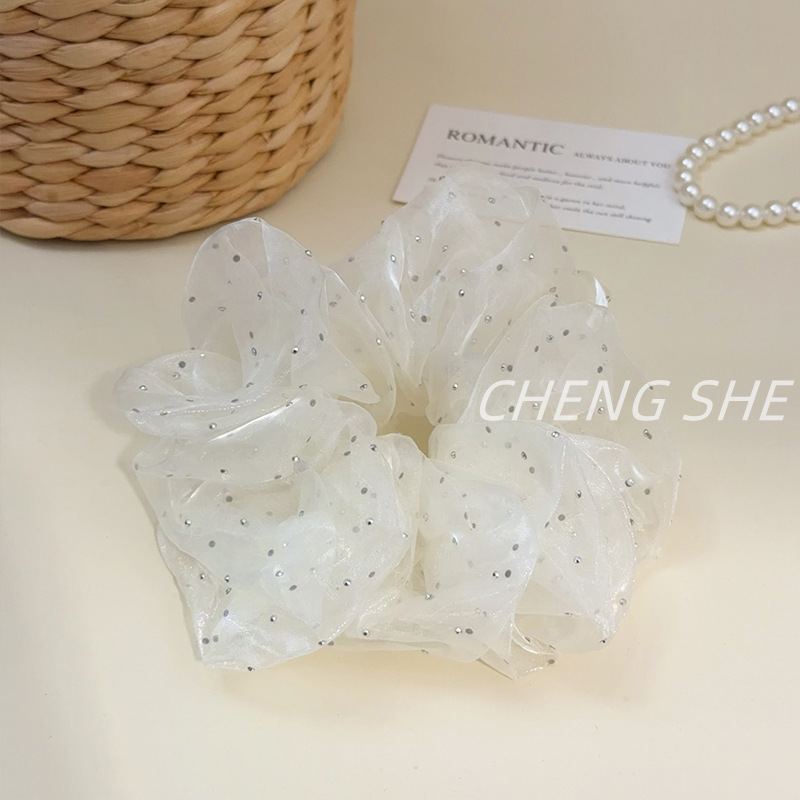 Korean-Style Large Mesh Scrunchie with Fine Glitter and Rhinestones, Polka Dot Design, High-End Ponytail Hair Tie Accessory