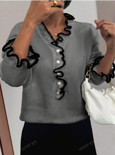 European and American independent station new autumn lace design long-sleeved V-neck all-match clothes for women's light luxury