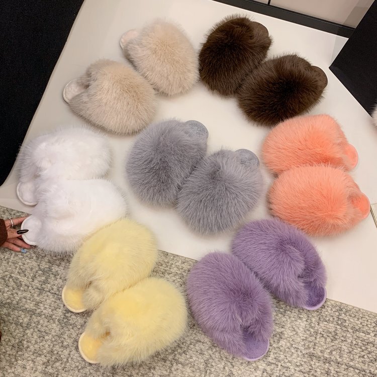 Cross-Border Amazon Large Size Solid Color Fluffy Large Fur Slippers Soft Sole Winter Baotou Home Warm Multi-Color Cotton Slippers
