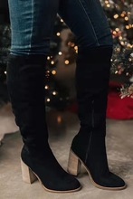 跨境歐美女2021秋冬新款粗跟跟小個子顯瘦絨面靴女側拉鏈長筒靴子