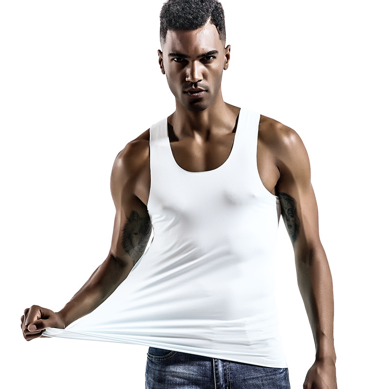 Men's Vest Summer Ice Silk Seamless Breathable Round Neck Slim-fit Sports Undershirt Wide Shoulder Underwear Business Base Shirt