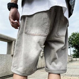 Ripped Denim Shorts Men Korean Style Summer Trendy Brand Ins Loose Straight Harajuku Street Style Thin Five-Point Wide-Leg Pants