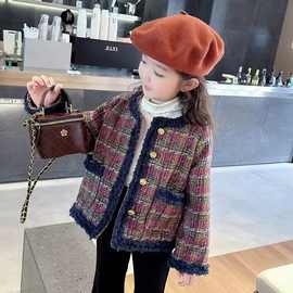 女童春秋款时尚小香风儿童秋装时髦毛呢外套2024新款女孩秋季上衣