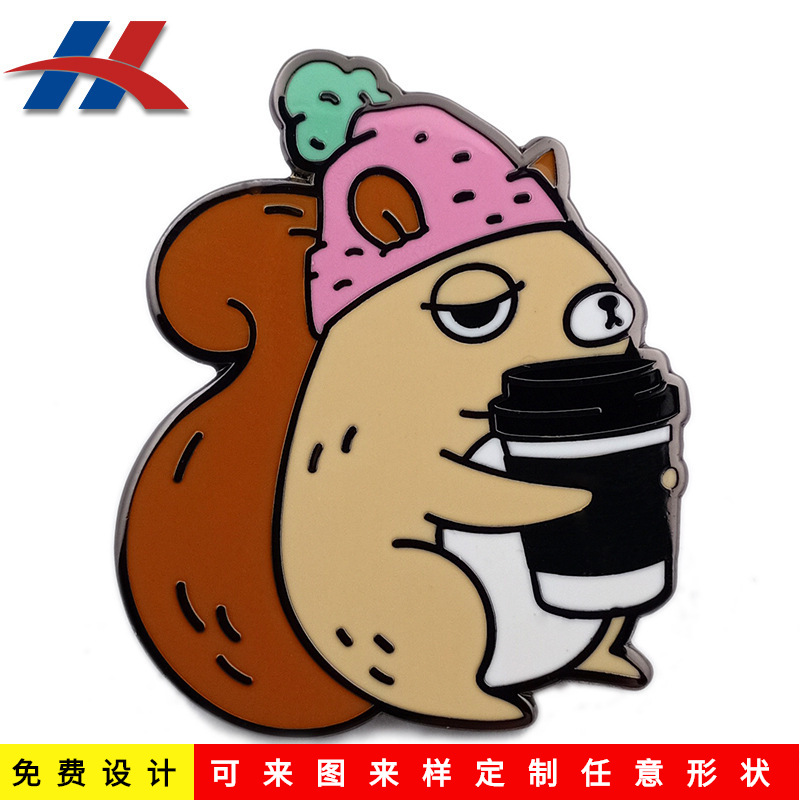 Two-dimensional cartoon anime squirrel and coffee enamel badge metal brooch development manufacturers badge production badge