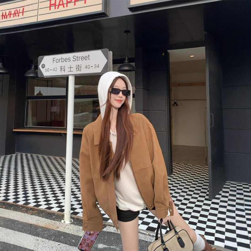 美式复古仿麂皮绒长袖外套女2025秋季新款宽松翻领休闲百搭夹克潮|undefined