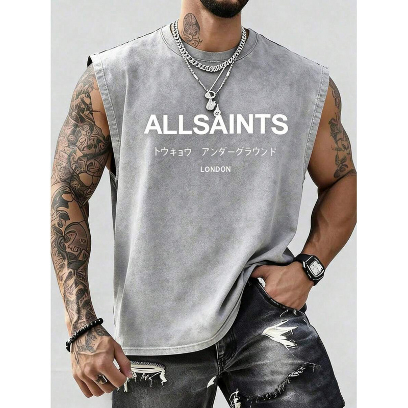 Cross-Border Cotton T-Shirt Men's Printed Vintage Washed Vest, Loose Fit, Casual Cross-Border Cotton T-Shirt Men's Printed Vintage Washed Vest, Loose Fit, Casual