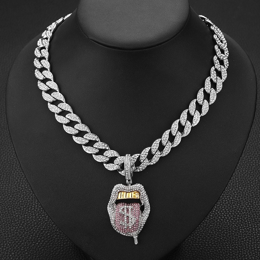 Cross-border ins extraño diamante tridimensional de color Hip-Hop europeo y americano escupir lengua collar de esqueleto collar de diamante collar de cadena de clavícula cubana