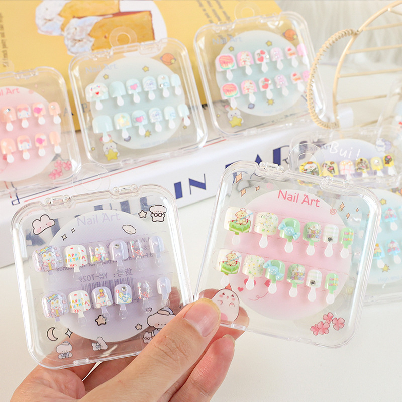 Children's Nail Art Cartoon Finished Nail Wear Jelly Glue Style Removable Cute Versatile Nail Stickers for Ages 3-8