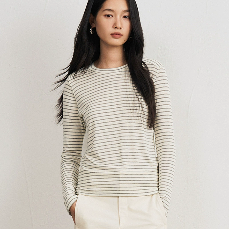 Осенняя и зимняя шелковая ацетатная нижняя рубашка лессельская шерсть с круглым вырезом теплая трикотаж сплошной цвет с длинными рукавами