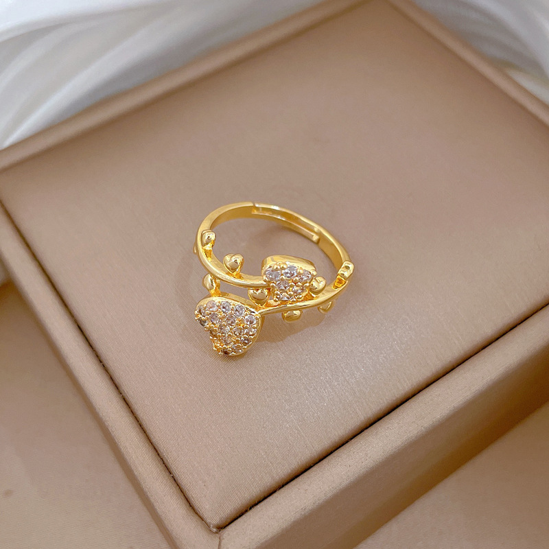 Full Diamond Heart Zirconia Adjustable Ring In Real Gold Style_voghion.com