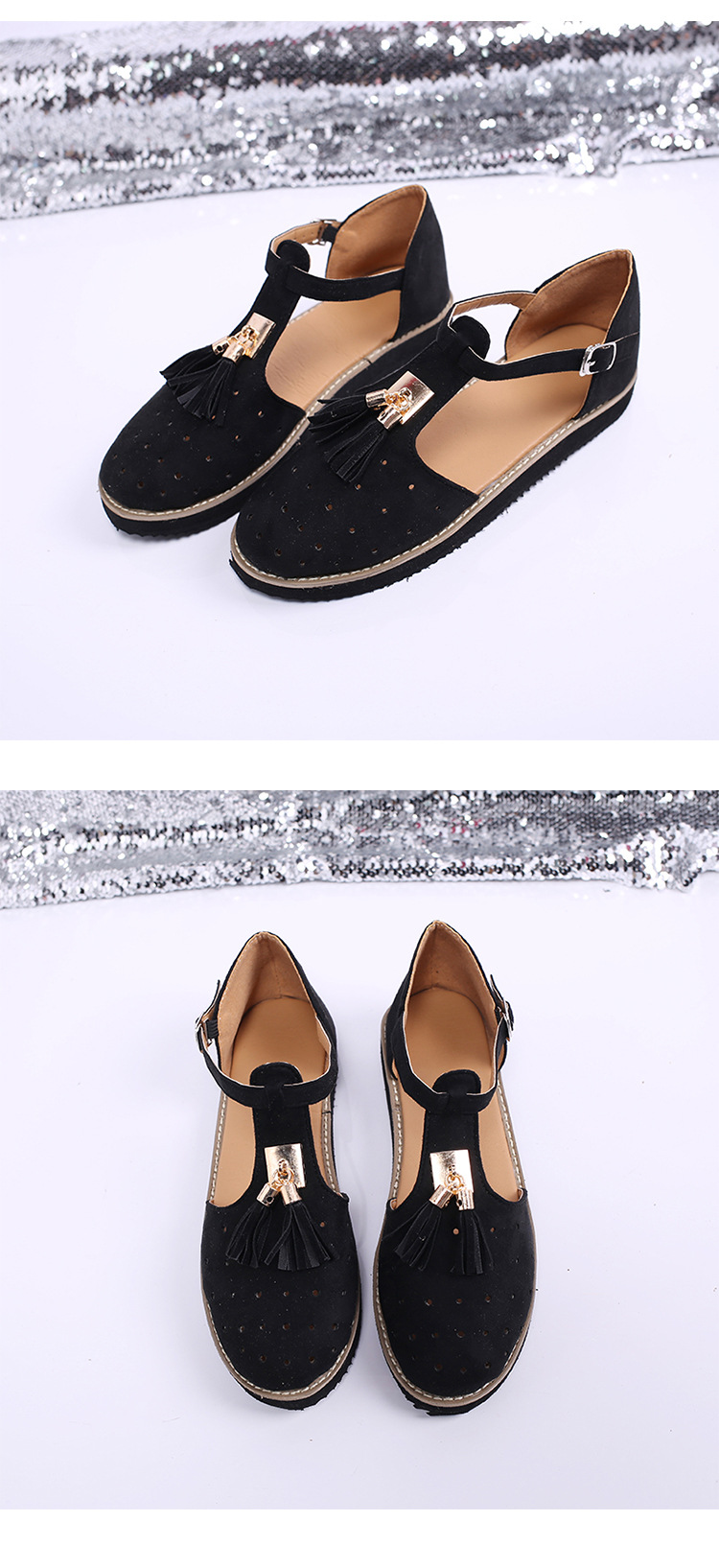 2021 European and American new thick-soled round-toe cutout retro single shoe, large-sized low-top bag and fringed women's sandals undefined