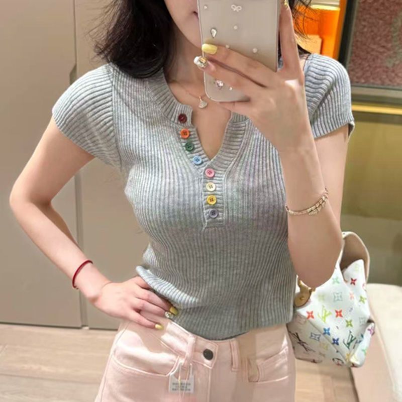 【Colorful Cotton Ribbed】Regular Shoulder Half-Open Collar Dopamine Style Colorful Button T-Shirt Women's Summer Slim Fit V-Neck