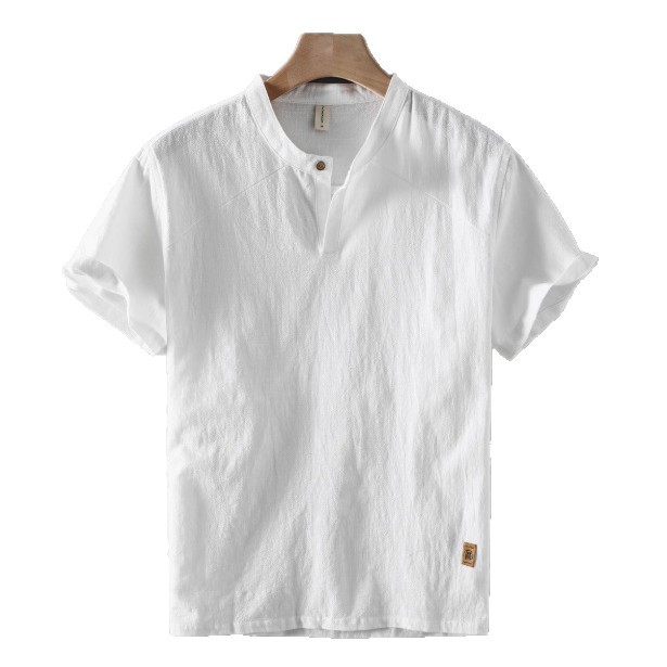 Chinese Style Stand Collar Summer Breathable Men's Cotton and Linen Short-Sleeved Shirt Chinese Style Pullover Casual Linen Shirt