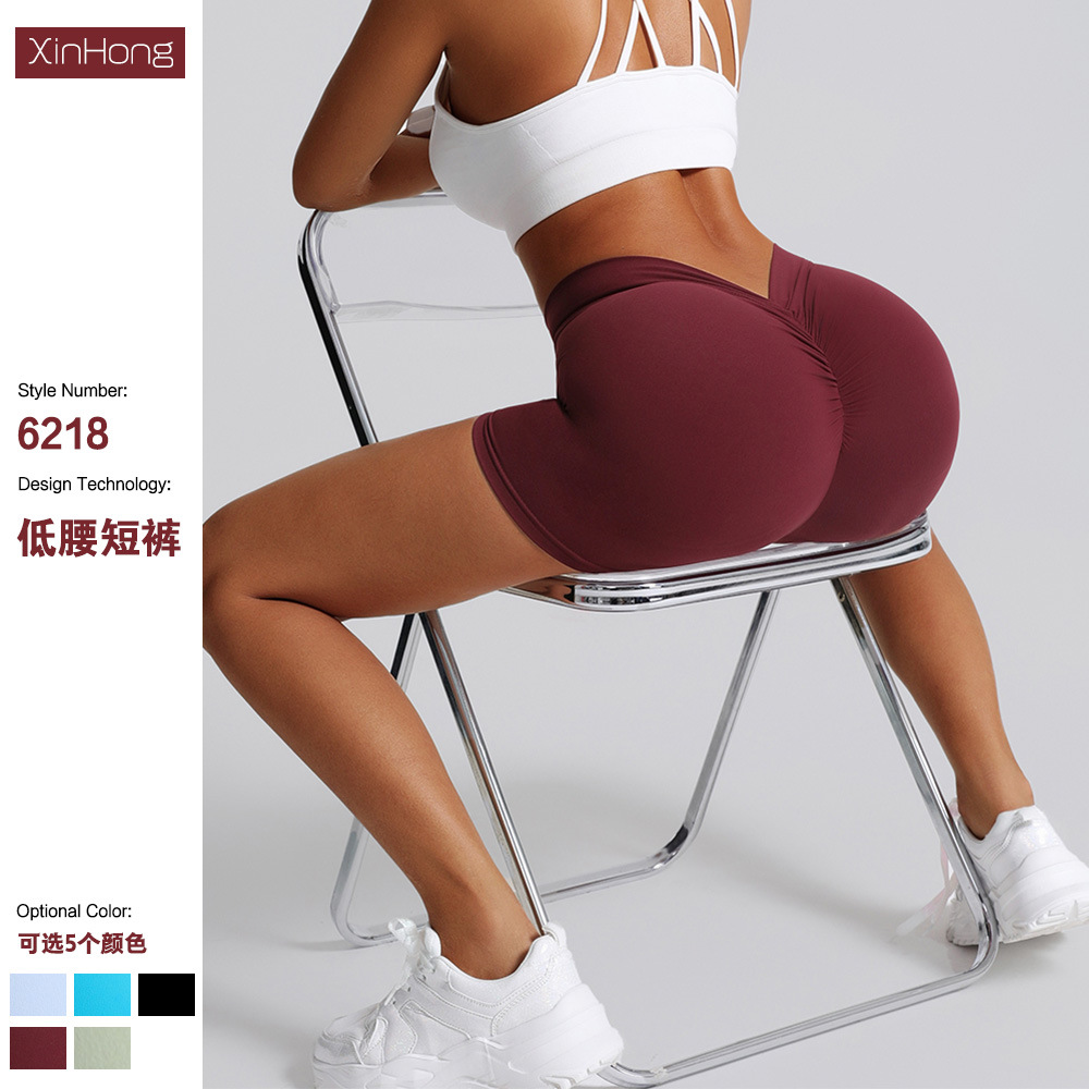 Transfronterizo abrasivo V cintura pliegue de color sólido mel桃 camisa pantalones cortos deportivos para correr fitness tight panty para mujeres