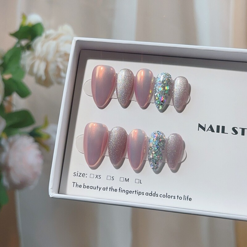 Pink Magic Mirror Wearing Armor Tablets Advanced Sense Almond Armor Mid-length Wholesale Finished Reusable Fake Nails Pink Magic Mirror Wearing Armor Tablets Advanced Sense Almond Armor Mid-length Wholesale Finished Reusable Fake Nails