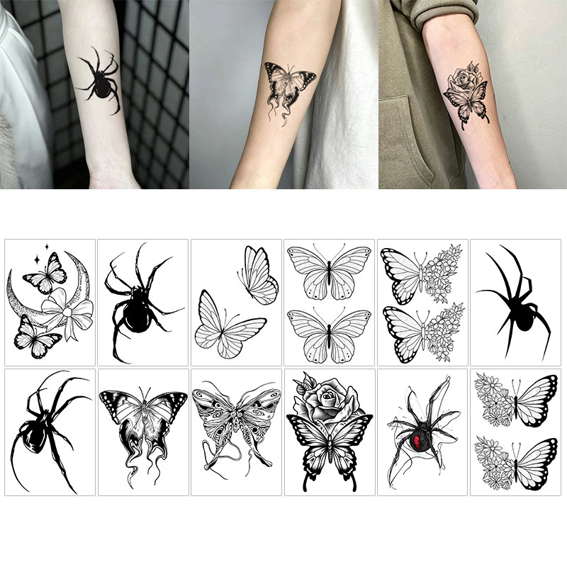 Dark Butterfly Spider Tattoo Sticker Black and White Sketch Rose Flower Waterproof Halloween Personalized Arm Tattoo Sticker