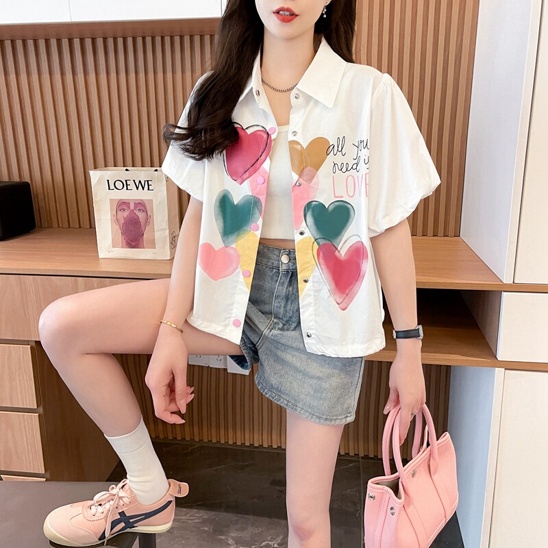 Beautiful Colorfulful Heart Graffiti Pure Cotton Shirt for Women Niche Korean Style Puff Sleeve Polo Collar Loose Elegant Top Trendy