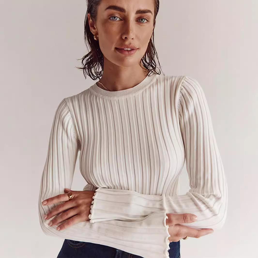 2024 Foreign Trade Round Neck Knitted Sweater Long Sleeve Ribbed Base Layer Solid Color Slim Fit European and American Cross-border Autumn and Winter Top for Women