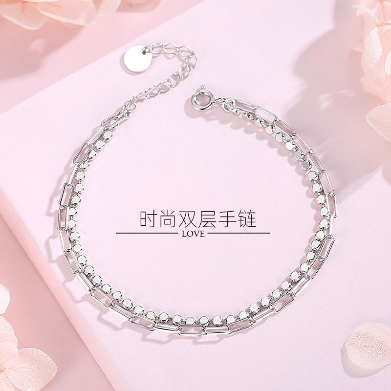 Pulsera redonda de doble capa de plata esterlina s925 pulsera de mujer pulsera simple pulsera de estilo japonés y coreano fábrica al por mayor