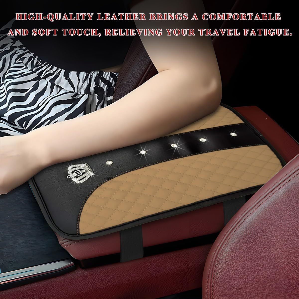 Car armrest box cushion, crown leather studded armrest box pad, armrest cover, three-dimensional quilted embroidery car interior accessory