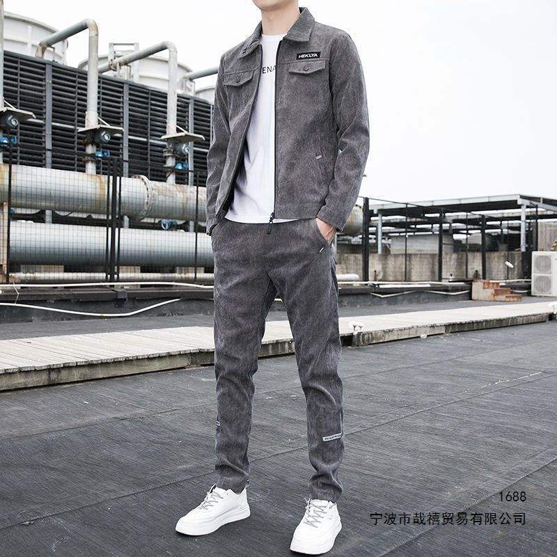 套装男韩版潮流灯芯绒时尚外套秋冬季百搭休闲夹克修身两件套男装