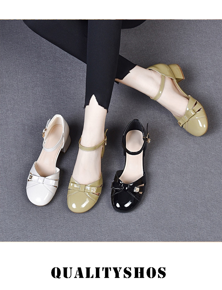 Sandal bít mũi nữ da sáng chế mũi tròn gót thô vừa phải — Màu đen chi tiết 1