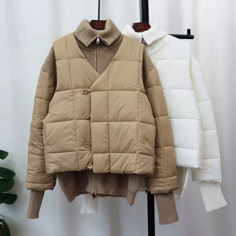 2024秋冬新款加厚拼接棉服针织开衫马甲棉服两件套洋气毛衣套装女