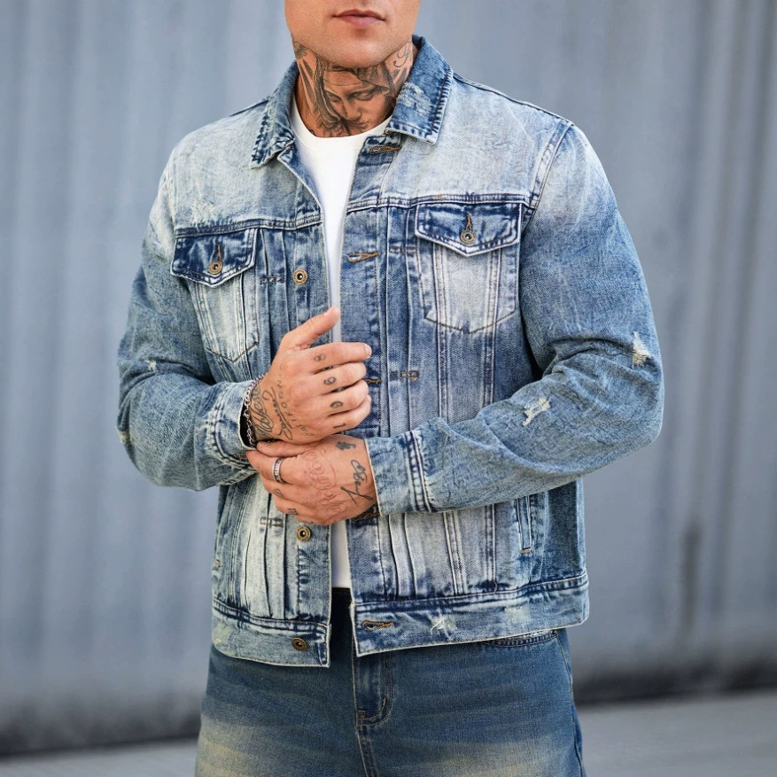 Men's Clothing Heavy Duty Denim Jacket Trendy Brand Pleated Gradient High Street Style Slight Stretch Outerwear_voghion.com