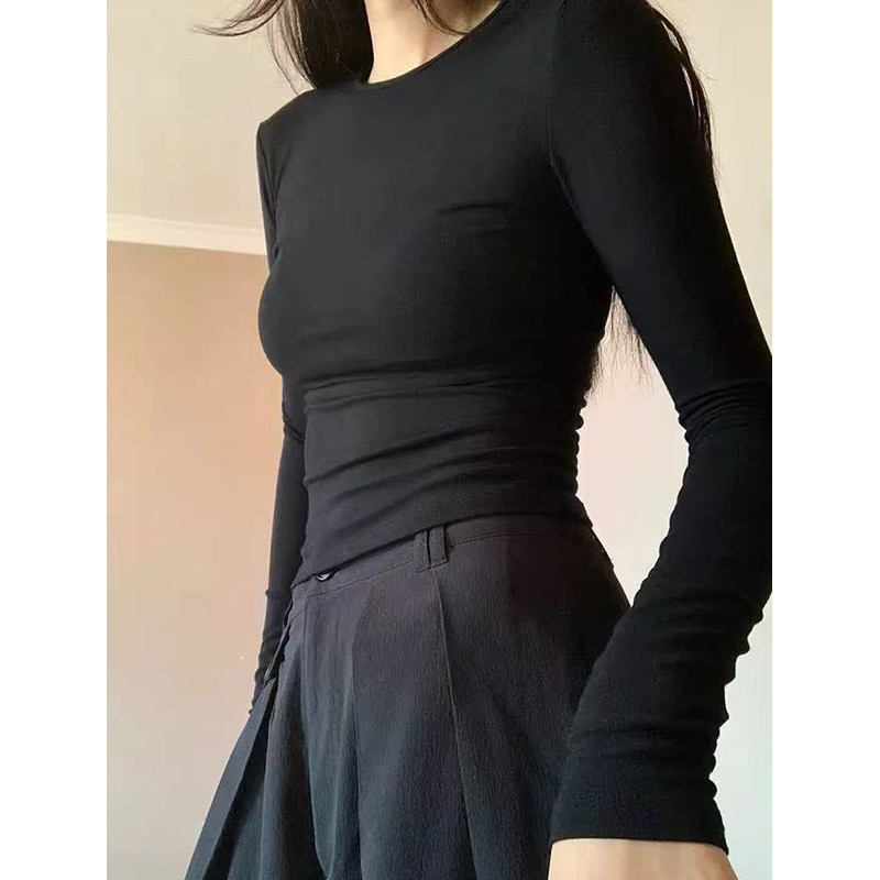 美式纯色圆领正肩修身长袖t恤女春秋冬新款紧身显瘦内搭打底上衣|undefined