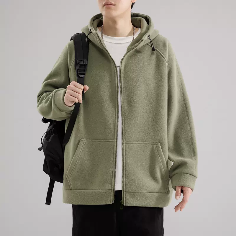 重磅摇粒绒外套男士秋冬季连帽颗粒绒加厚拉链开衫帅气奥粒绒卫衣